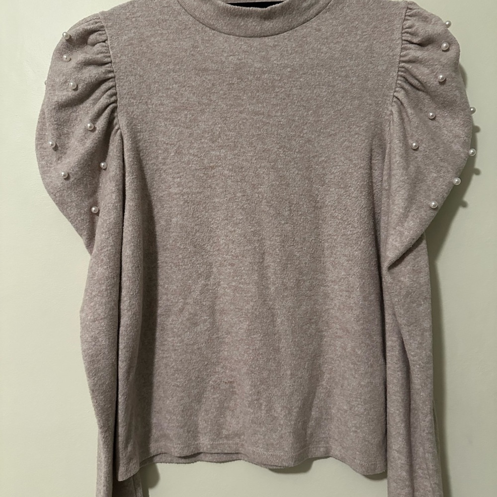 Zara Pearl-Embellished Puff Sleeve Sweater - Light Taupe